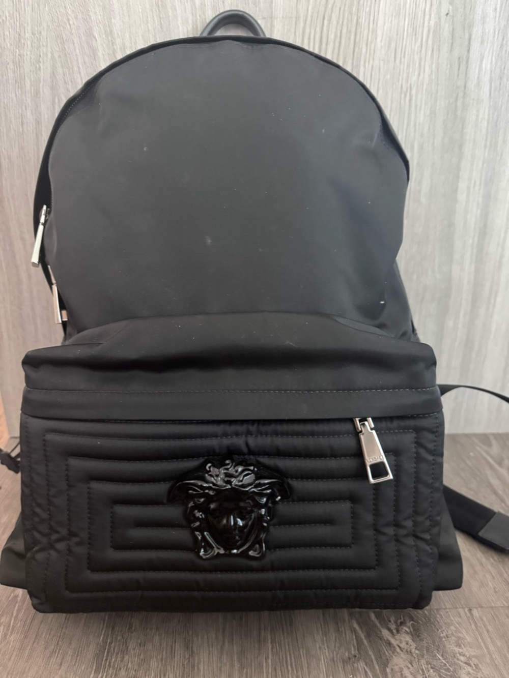 Versace Black Logo Embossed Backpack Panel